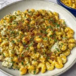 Close-up of creamy French Onion Soup Pasta topped with herbs and crispy breadcrumbs.
