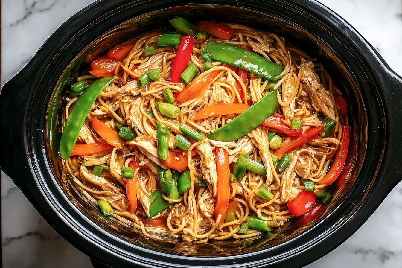 Colorful Crockpot Chicken Lo Mein with noodles, shredded chicken, bell peppers, and snow peas in a slow cooker.