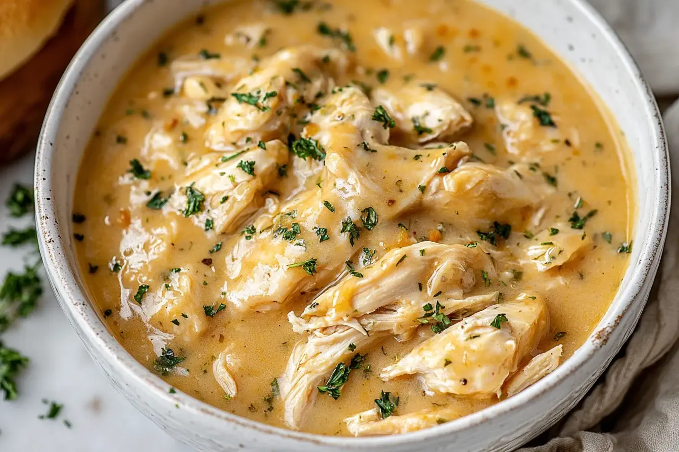 Creamy crockpot chicken and gravy served in a white bowl, garnished with fresh parsley.