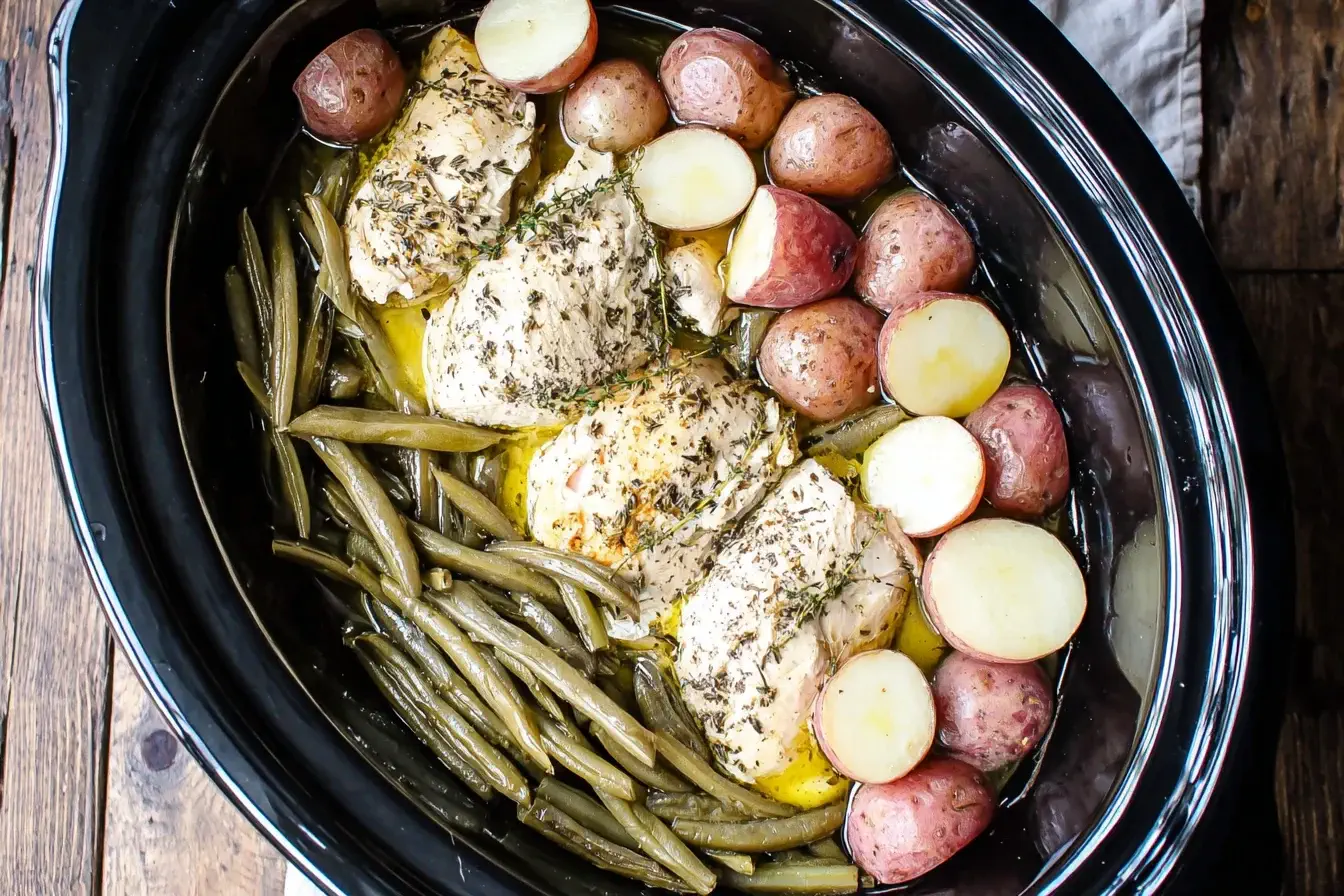 Crockpot Chicken Potatoes and Green Beans cooked with red potatoes and fresh green beans in a slow cooker.