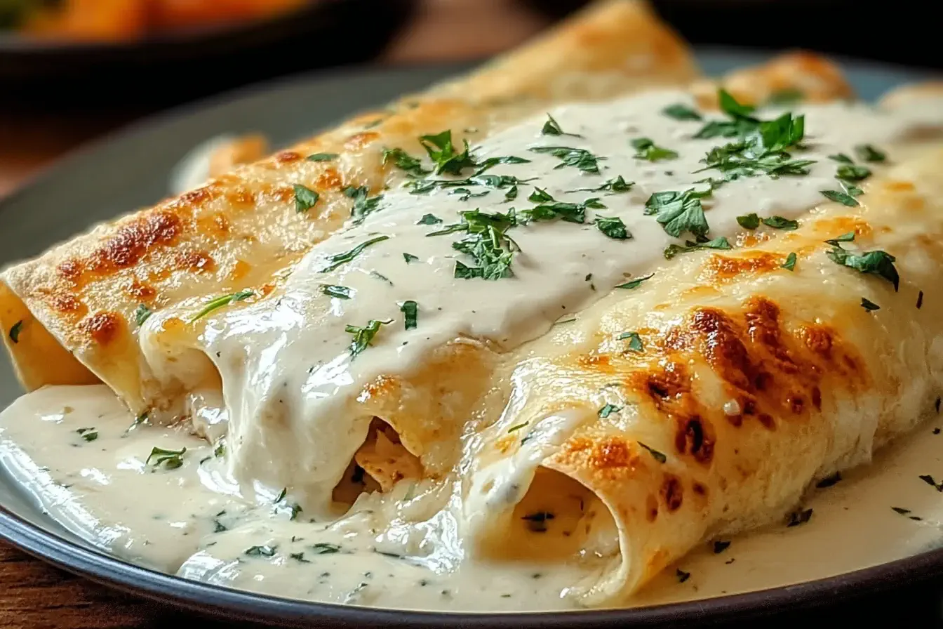 Close-up of Chicken Enchiladas with Sour Cream White Sauce smothered in rich, creamy cheese and topped with fresh herbs