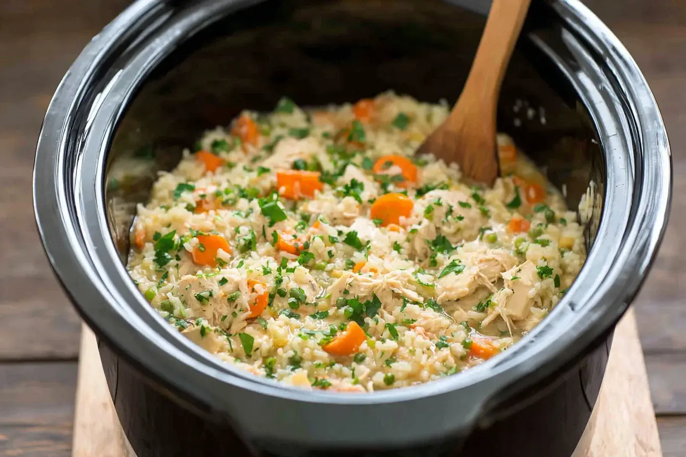 Slow Cooker Chicken and Rice with carrots and herbs in crockpot