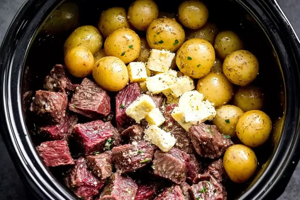Crockpot Garlic Butter Beef Bites with Potatoes cooking in slow cooker with tender beef chunks, baby potatoes, garlic, and butter.