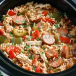 Slow Cooker Chicken Jambalaya with sausage, peppers, and rice in a crockpot, full of Cajun flavor.