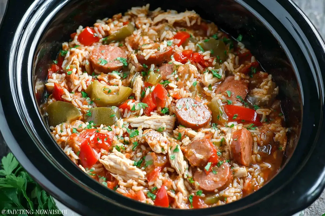Slow Cooker Chicken Jambalaya with sausage, peppers, and rice in a crockpot, full of Cajun flavor.