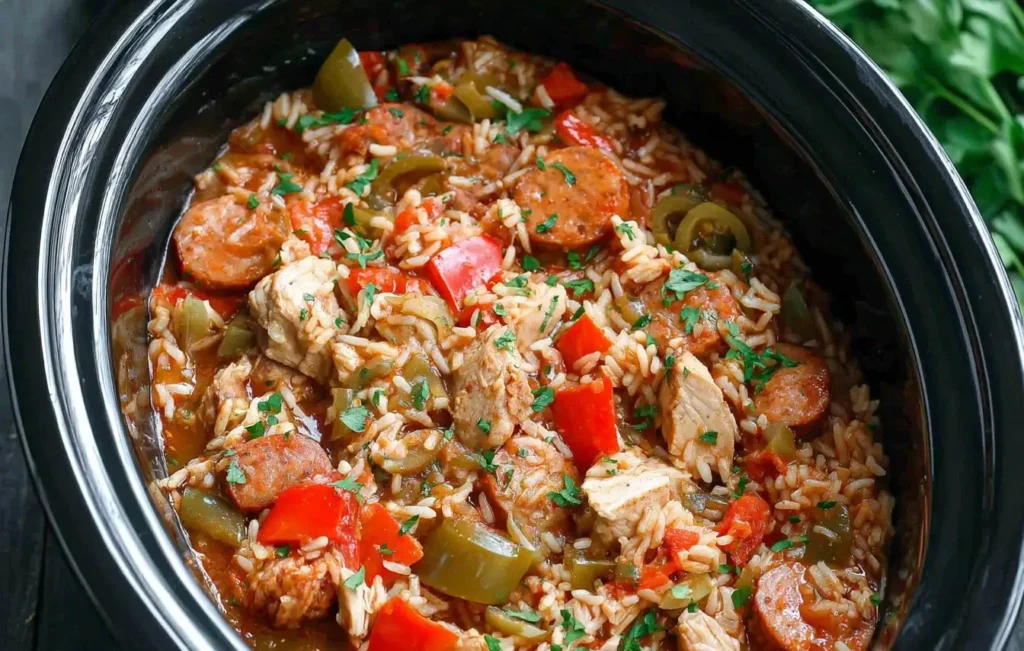 Slow Cooker Chicken Jambalaya with tender chicken, sausage, peppers, and rice in a crockpot, packed with Cajun spices.