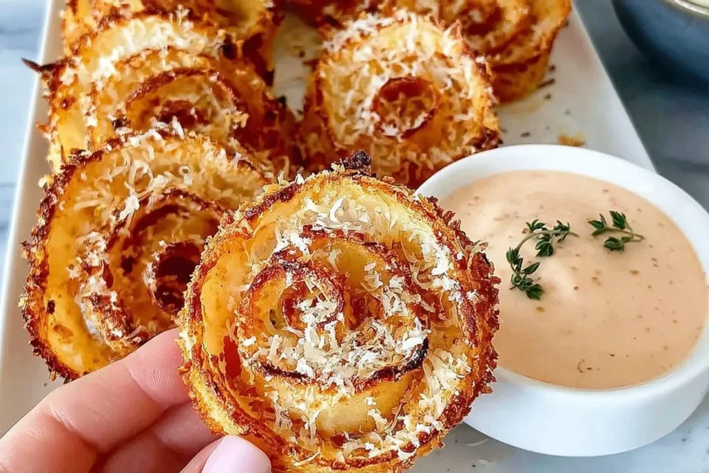 Close-up of crispy Parmesan Onion Rings served with creamy dipping sauce and fresh herbs.