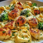 Close-up of creamy Garlic Parmesan Chicken Tortellini with broccoli and seared chicken in a white bowl.
