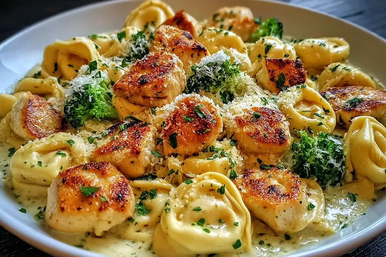 Close-up of creamy Garlic Parmesan Chicken Tortellini with broccoli and seared chicken in a white bowl.