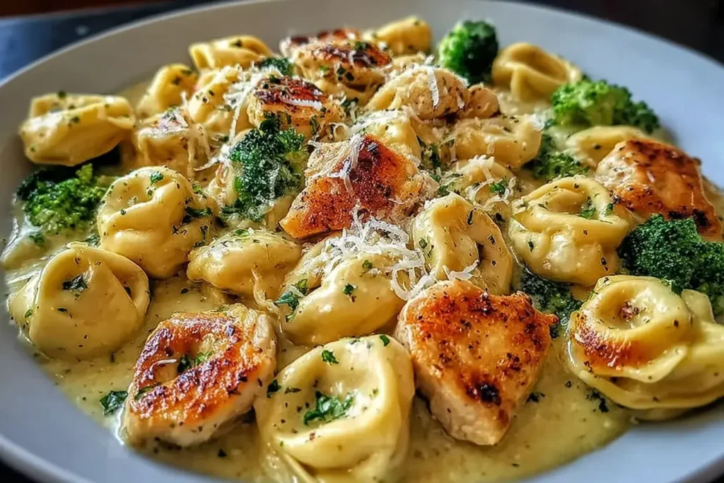 Garlic Parmesan Chicken Tortellini with creamy sauce, broccoli, and seared chicken served in a white bowl.