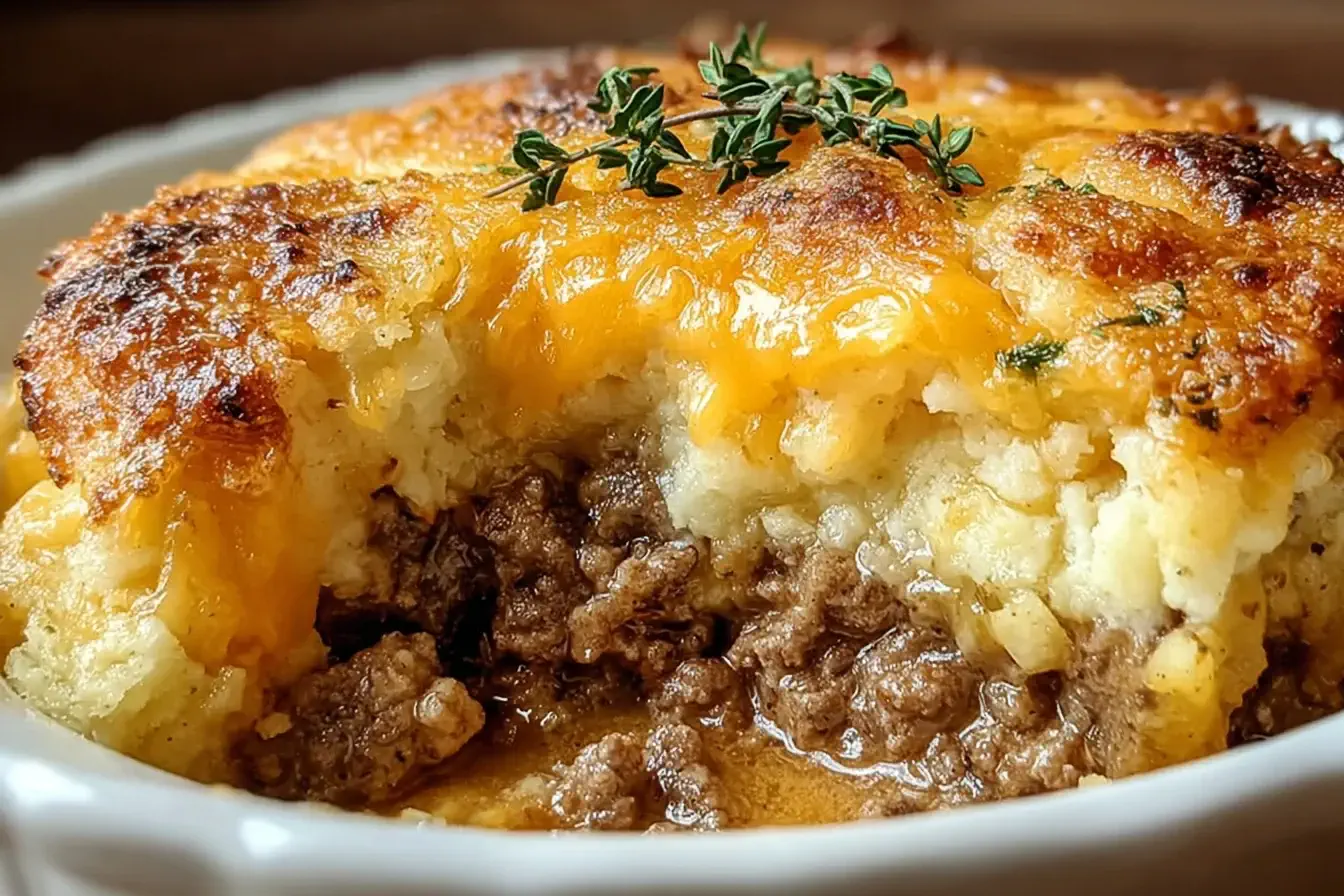 Cheddar Bay Ground Beef Cobbler with cheesy golden topping and savory beef filling