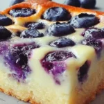 Close-up slice of Blueberry Cottage Cheese Breakfast Bake with golden crust and creamy filling topped with fresh blueberries.