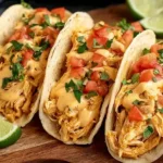 Slow Cooker Queso Chicken Tacos served in soft tortillas with queso, diced tomatoes, and cilantro