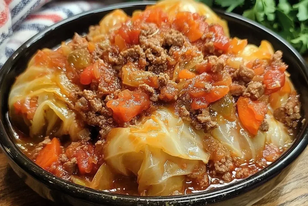 Slow Cooker Unstuffed Cabbage Rolls with tender cabbage, seasoned ground beef, carrots, and tomatoes in a rich savory sauce.