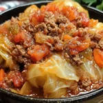 Slow Cooker Unstuffed Cabbage Rolls with tender cabbage, seasoned ground beef, carrots, and tomatoes in a rich savory sauce.
