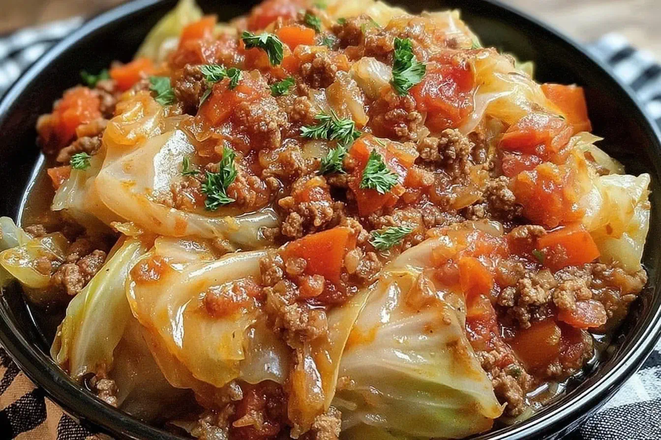 Slow Cooker Unstuffed Cabbage Rolls in a bowl with tender cabbage, savory ground beef, and rich tomato sauce, garnished with fresh parsley.
