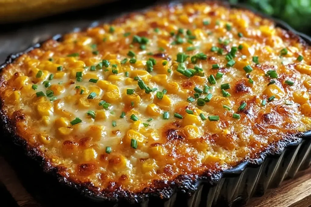 Sweet Harmony Honey-Glazed Corn Casserole baked to perfection with golden edges and topped with fresh chives in a ribbed baking dish.