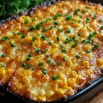 Sweet Harmony Honey-Glazed Corn Casserole baked golden with fresh corn and chives in a black casserole dish.