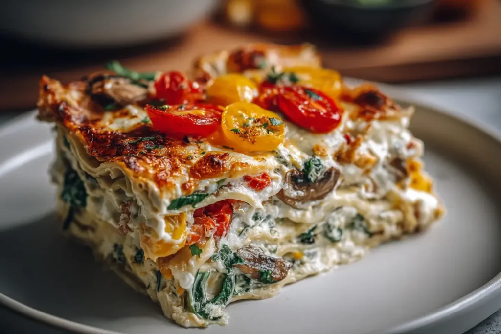 Loaded Veggie White Lasagna slice with colorful cherry tomatoes, mushrooms, and creamy white sauce on a plate.