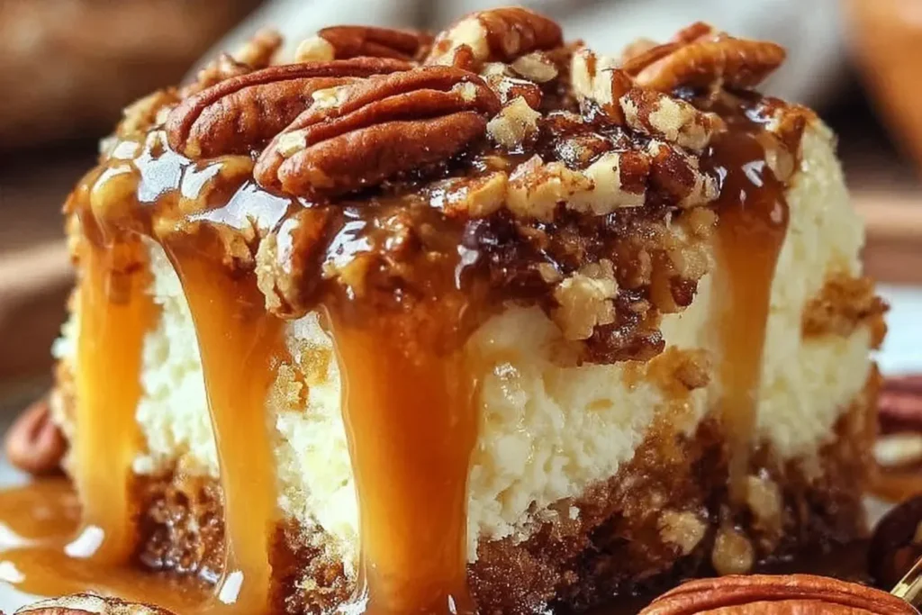 Rich Butter Pecan Praline Poke Cake slice topped with pecans and drizzled with caramel sauce