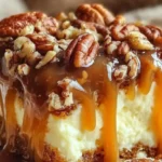 Slice of Butter Pecan Praline Poke Cake topped with toasted pecans and rich caramel sauce dripping down the sides.