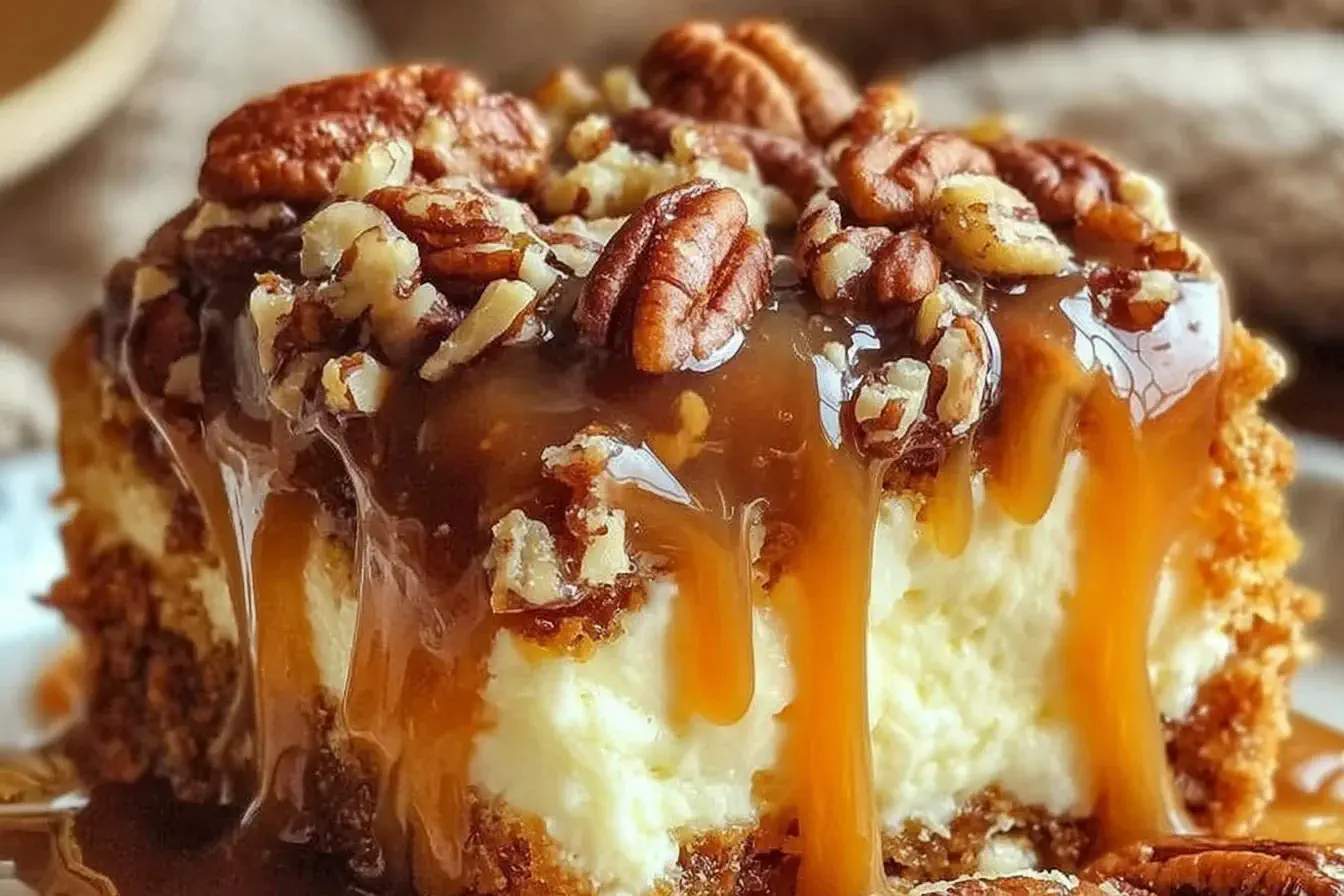 Slice of Butter Pecan Praline Poke Cake topped with toasted pecans and rich caramel sauce dripping down the sides.