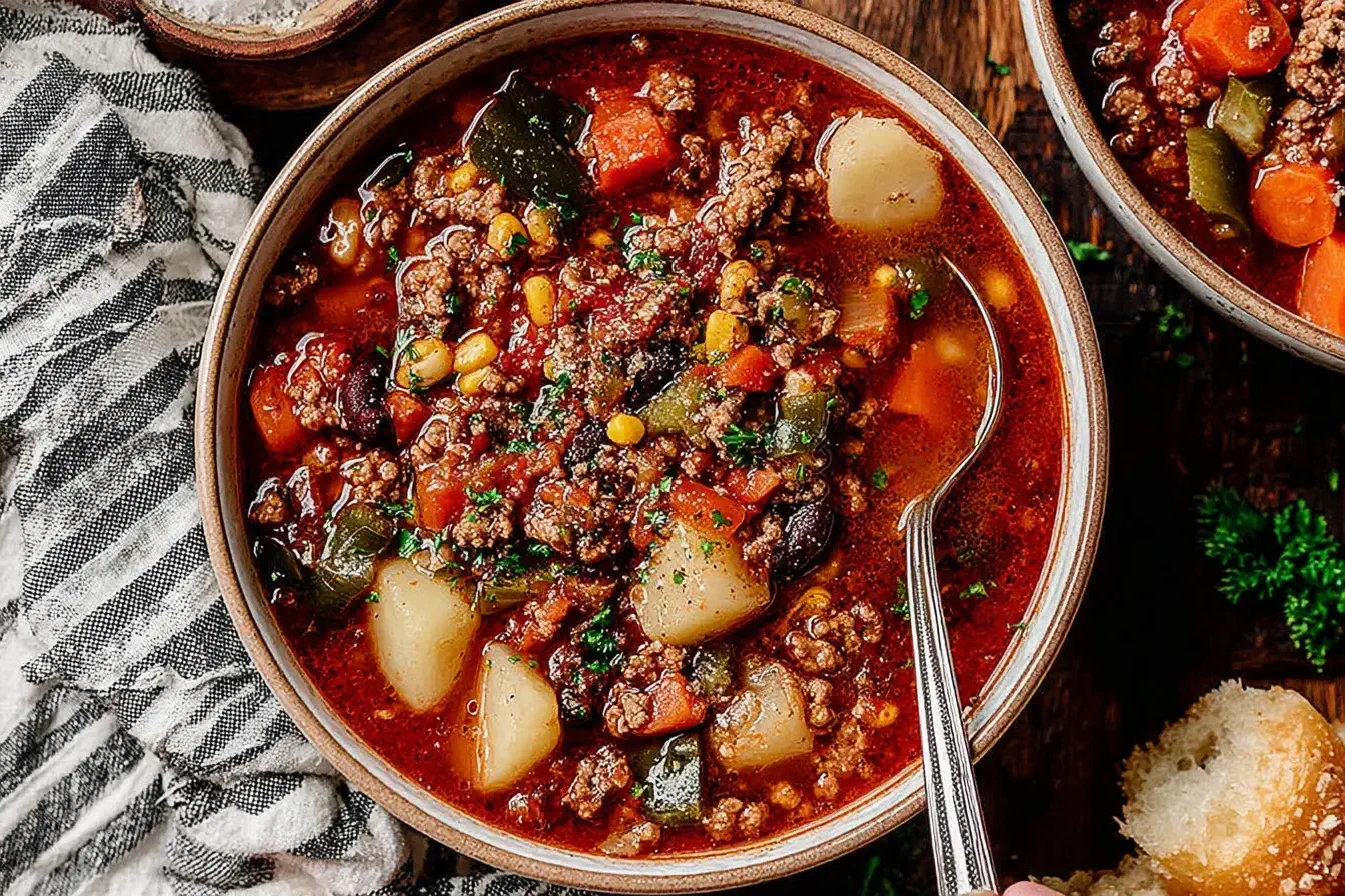 Hearty Cowboy Soup with ground beef, potatoes, corn, and vegetables in a rich tomato broth, served in a bowl with crusty bread.