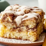 Crockpot Gooey Cinnamon Roll Dump Cake slice with icing drizzle on a plate