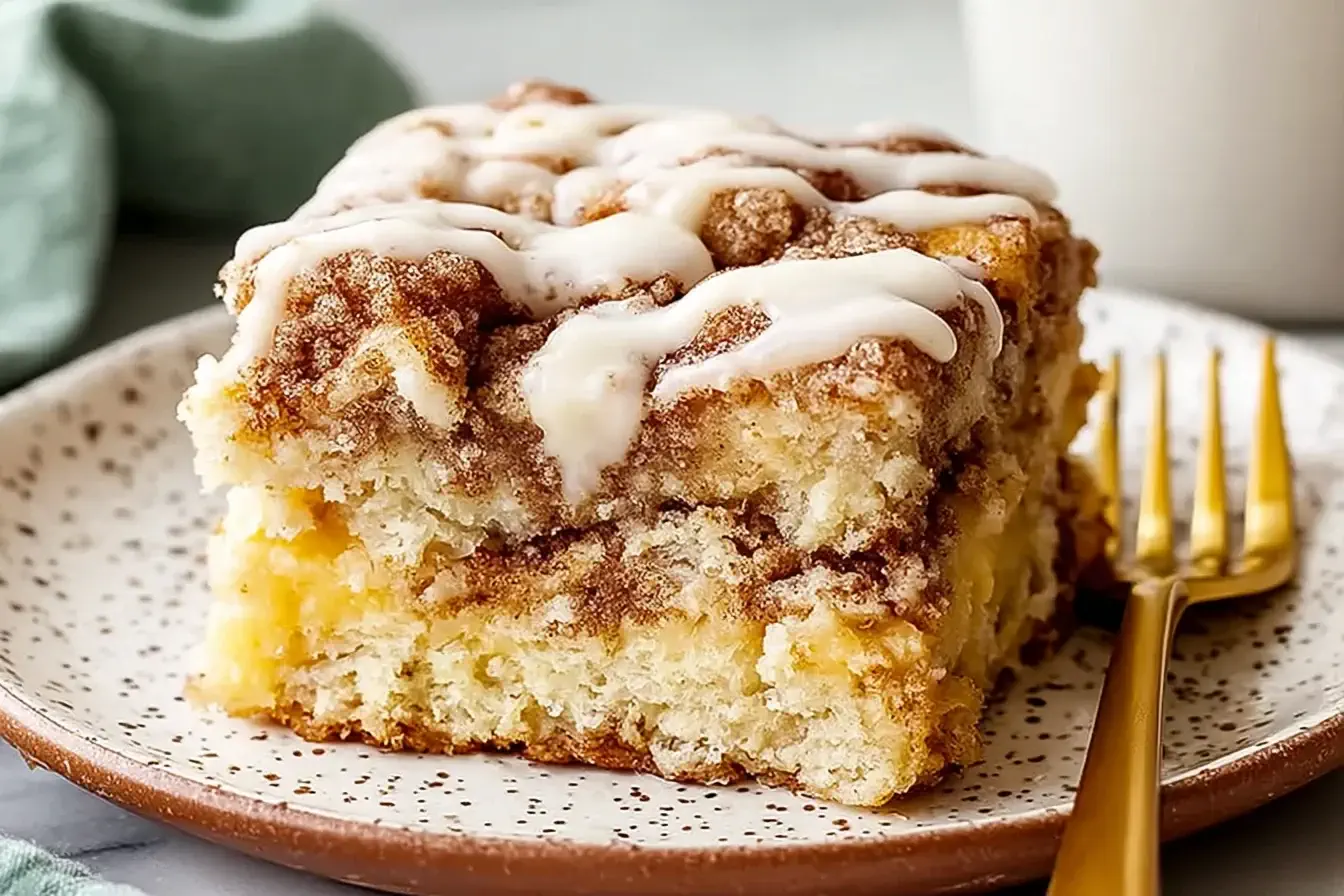 Crockpot Gooey Cinnamon Roll Dump Cake slice with icing drizzle on a plate