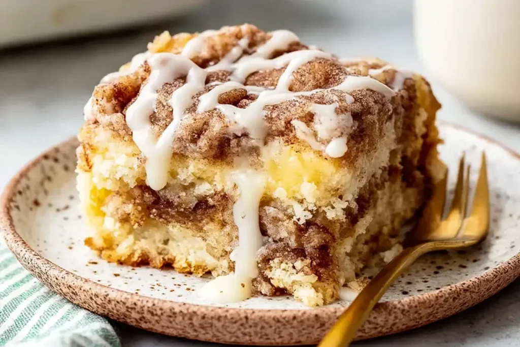 Slice of Crockpot Gooey Cinnamon Roll Dump Cake with vanilla glaze dripping on top
