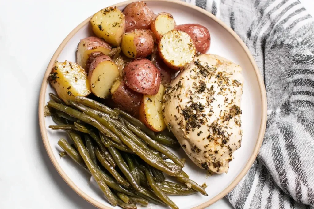 Plated Crockpot Chicken Potatoes and Green Beans with seasoned red potatoes and green beans.