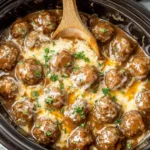 Crock Pot French Onion Meatballs simmered in rich onion gravy with melted cheese and fresh parsley in a slow cooker.