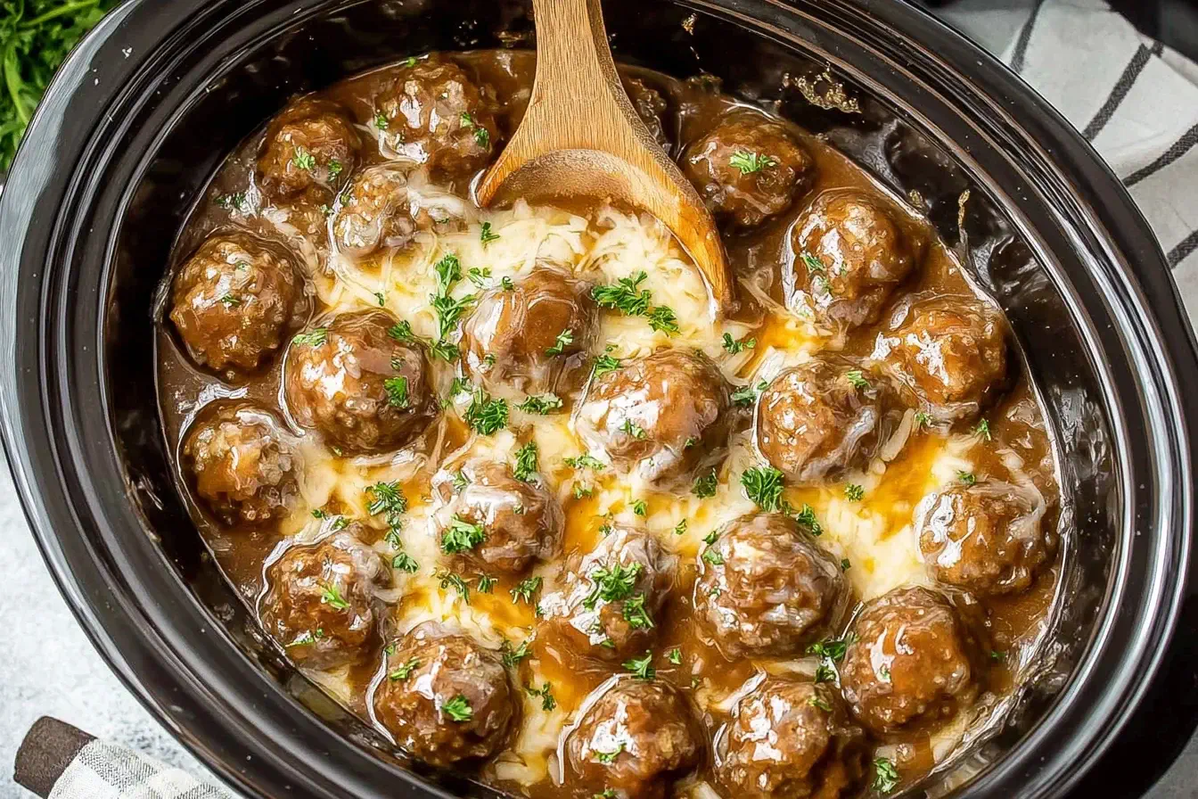 Crock Pot French Onion Meatballs simmered in rich onion gravy with melted cheese and fresh parsley in a slow cooker.