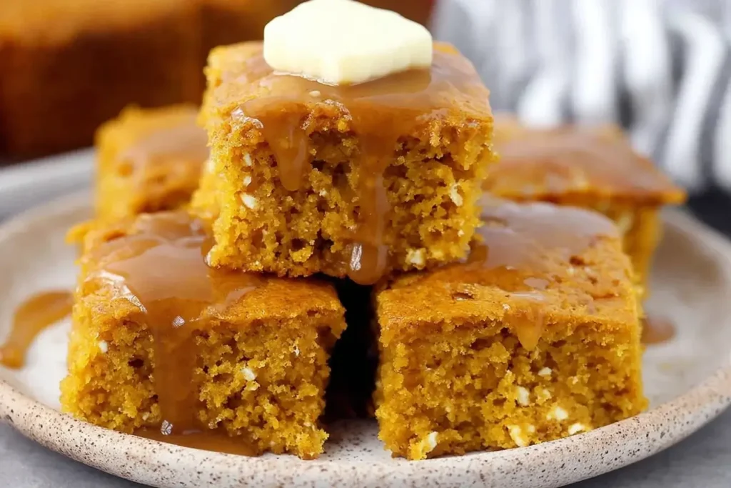 Pumpkin Cornbread with Cinnamon Honey Butter dripping over warm golden slices