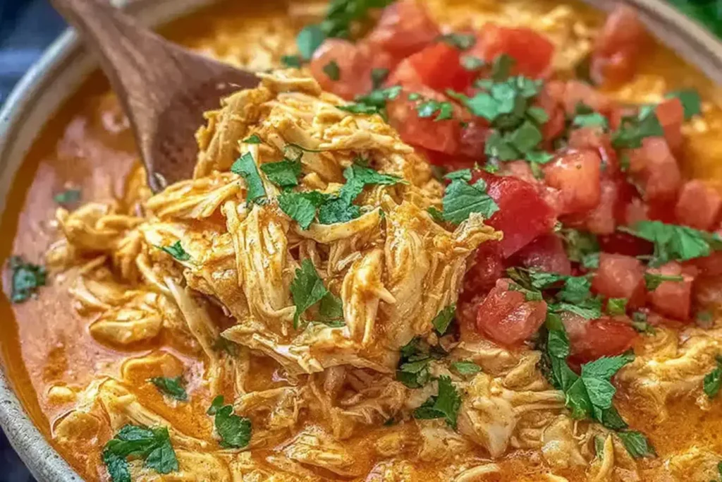 Slow Cooker Queso Chicken Tacos topped with diced tomatoes and fresh cilantro in a creamy queso sauce