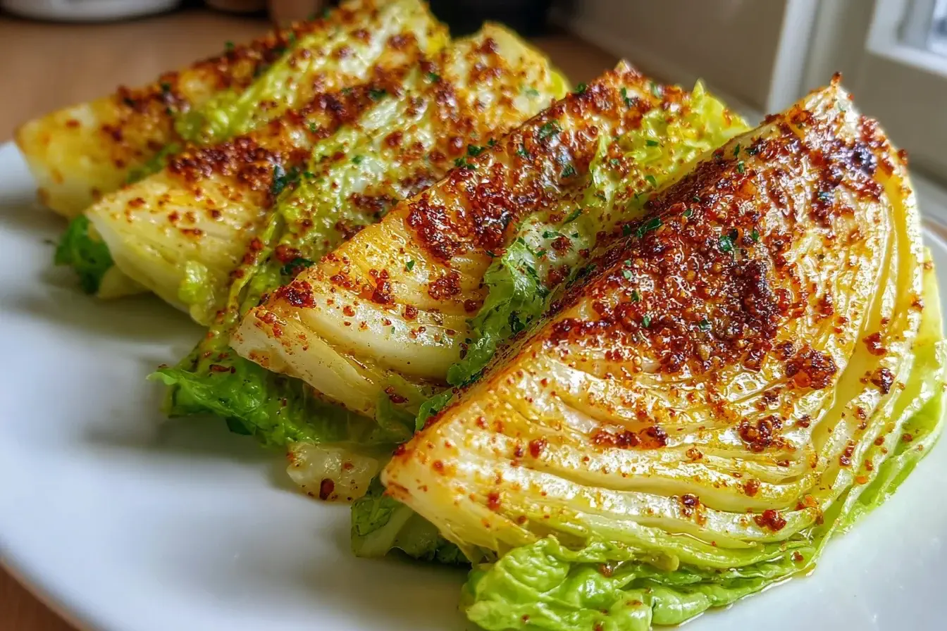 Close-up of crispy air fryer cabbage wedges with paprika and garlic seasoning, served on a white plate.