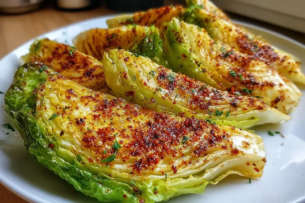 Crispy seasoned air fryer cabbage wedges on a white plate, sprinkled with paprika and herbs.