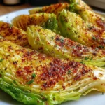 Crispy seasoned air fryer cabbage wedges on a white plate, sprinkled with paprika and herbs.