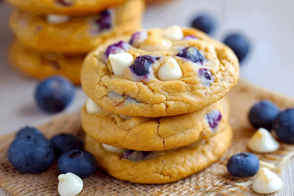 Stack of three Blueberry White Chocolate Chip Cookies with fresh blueberries and white chocolate chips on a rustic surface.