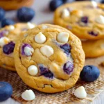 Close-up of freshly baked Blueberry White Chocolate Chip Cookies with juicy blueberries and white chocolate chips on a rustic surface.