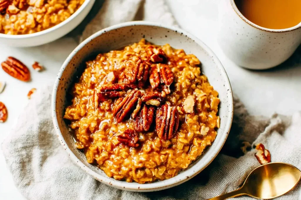 Close-up of Slow Cooker Pumpkin Pie Oatmeal topped with glazed pecans and served with coffee in a speckled mug.