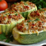 Cheesy baked stuffed zucchini boats filled with savory ground meat, rice, tomatoes, and herbs, served on a white plate.
