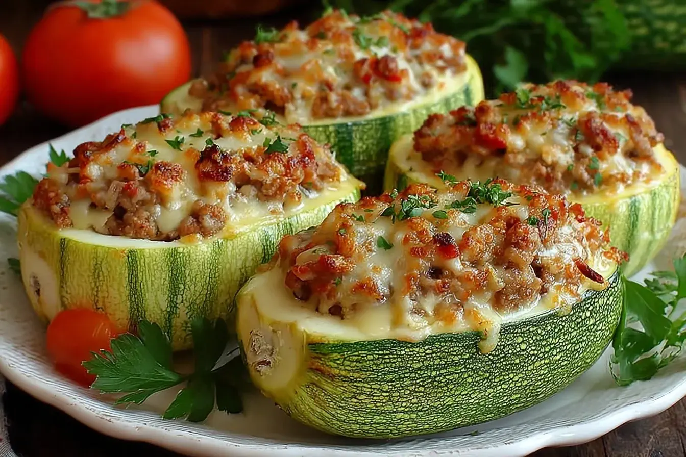 Cheesy baked stuffed zucchini boats filled with savory ground meat, rice, tomatoes, and herbs, served on a white plate.