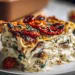 Creamy slice of Loaded Veggie White Lasagna topped with roasted tomatoes and herbs on a white plate.