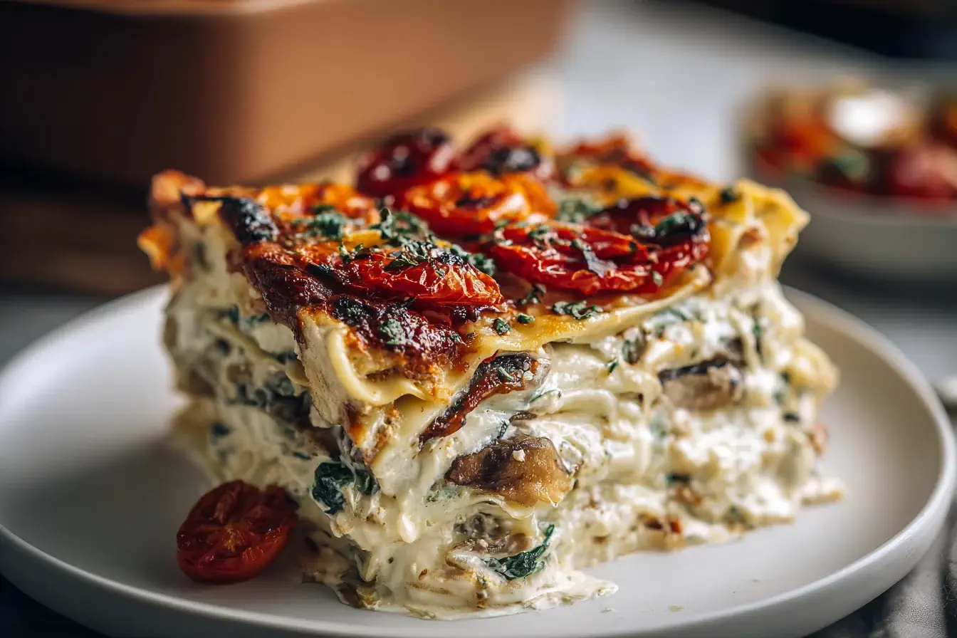 Creamy slice of Loaded Veggie White Lasagna topped with roasted tomatoes and herbs on a white plate.