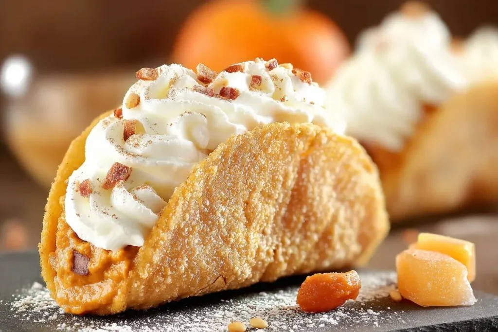 Close-up of Pumpkin Pie Tacos with whipped cream, pumpkin filling, and cinnamon-sugar shell on slate board
