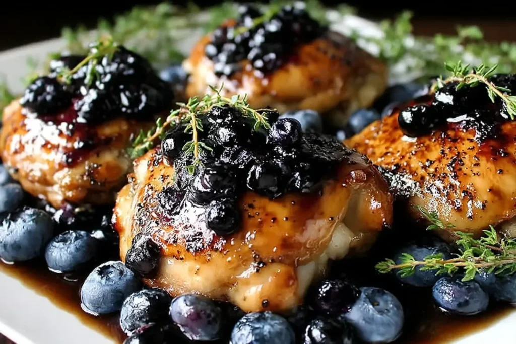 Blueberry Thyme Chicken thighs glazed with balsamic sauce, topped with fresh blueberries and thyme sprigs.