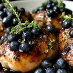 Blueberry Thyme Chicken topped with fresh blueberries and thyme sprigs in a balsamic glaze.