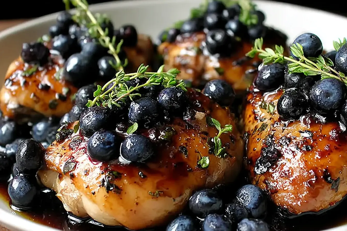 Blueberry Thyme Chicken topped with fresh blueberries and thyme sprigs in a balsamic glaze.