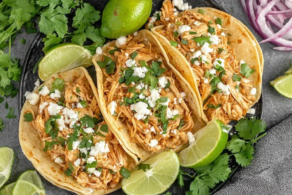Healthy Crockpot Chicken Tacos served with lime wedges and fresh cilantro on a black plate